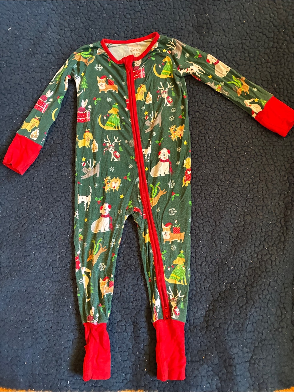 Little Sleepies Green Holiday Puppy Print Footed Pajamas with Red Trim